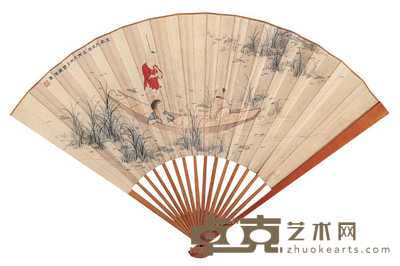 陈启湖 丙戌（1946年）作 童子采荷图 成扇 